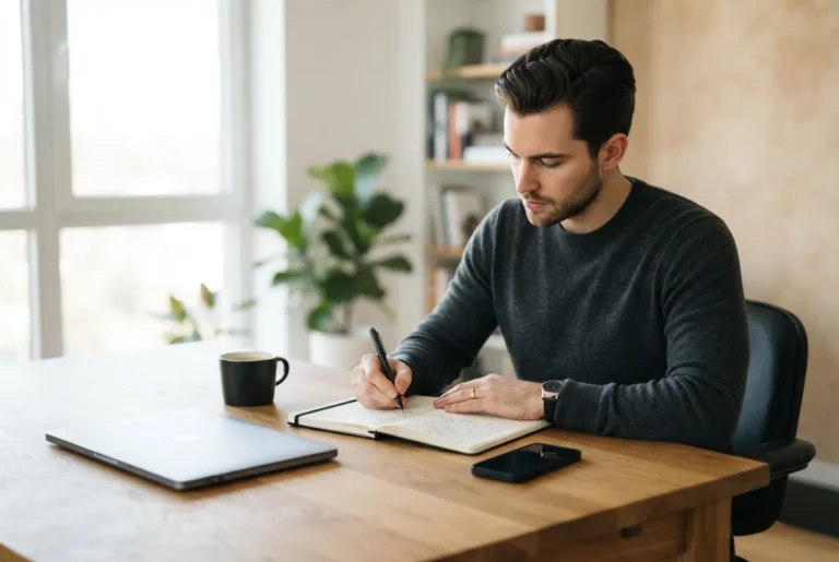 Une personne travaille avec une concentration totale dans un environnement sans distractions numériques, illustrant les méthodes pour améliorer son attention et retrouver sa capacité de concentration.