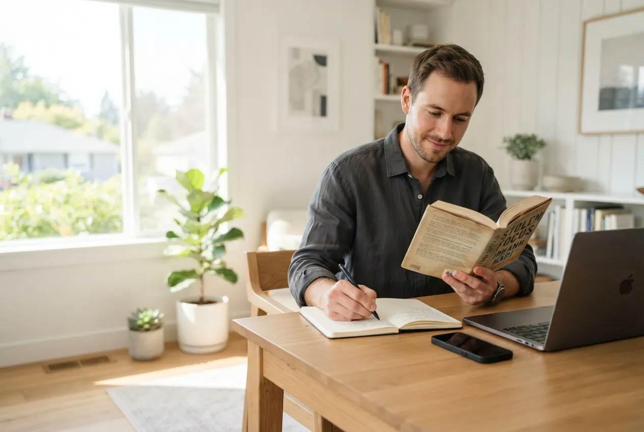 Une personne réalise un dopamine detox en mettant son téléphone de côté afin de retrouver sa concentration, sa motivation et un meilleur équilibre mental.