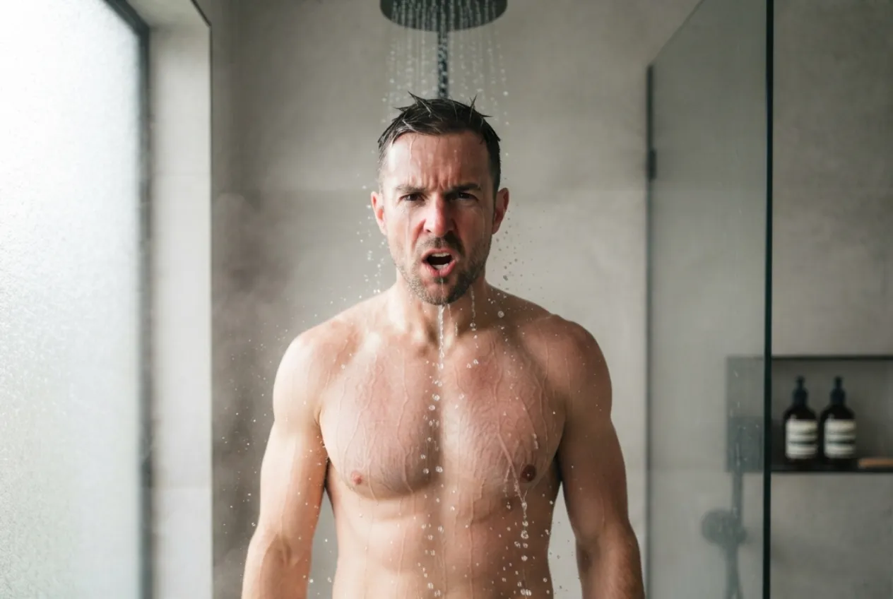 Un homme prend une douche froide pour stimuler naturellement la dopamine, améliorer sa concentration et renforcer son bien-être mental.