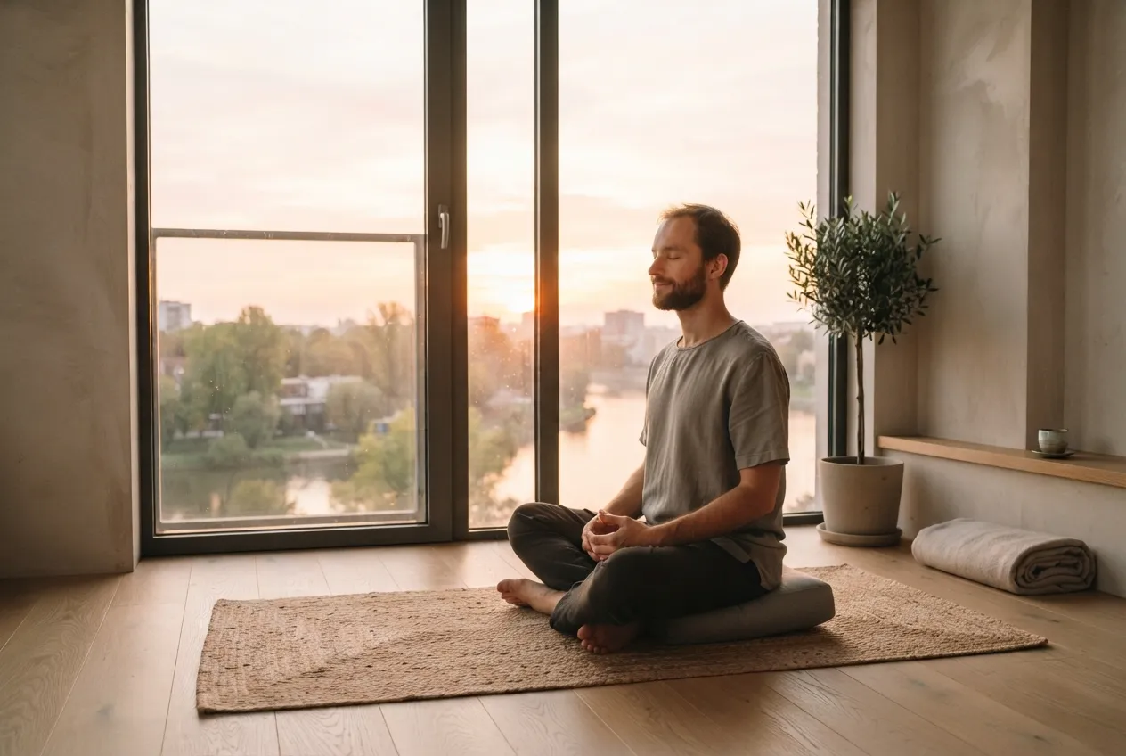Personne pratiquant une routine matinale au lever du soleil