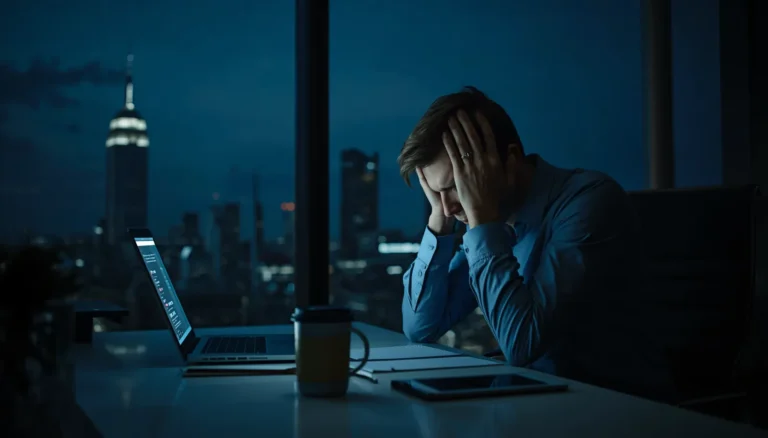 Une personne travaille tard le soir devant son ordinateur, illustrant le workaholisme, une addiction comportementale au travail pouvant nuire à la santé et à l'équilibre de vie.