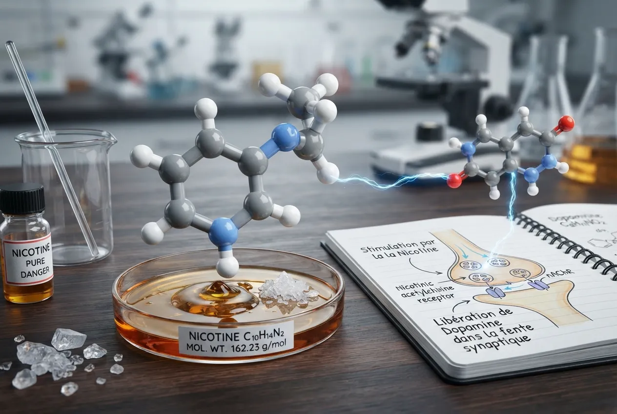 Modèles moléculaires de la nicotine (C₁₀H₁₄N₂) et de la dopamine reliés par des éclairs, avec un schéma de synapse annoté expliquant la libération de dopamine via les récepteurs nicotiniques, dans un décor de laboratoire.