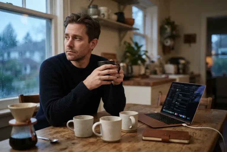 Une personne tient une tasse de café en réfléchissant, illustrant l'addiction au café et la dépendance à la caféine.