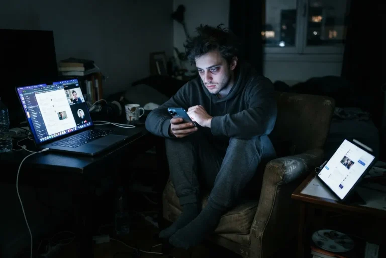 Personne absorbée par plusieurs écrans illustrant l’addiction aux écrans