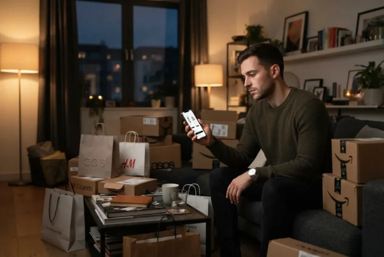 Une personne entourée de colis et de sacs de shopping illustre l'addiction au shopping et les achats compulsifs.