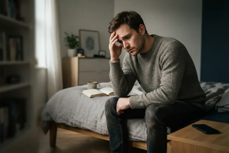 Personne anxieuse et mentalement épuisée illustrant le lien entre dopamine, anxiété et dépression.