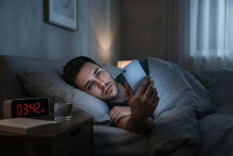 Personne éveillée la nuit avec son smartphone, illustrant le lien entre dopamine, écrans et sommeil perturbé.