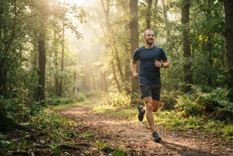 Une personne court dans la nature pour stimuler naturellement la dopamine, améliorer sa motivation et favoriser son bien-être mental.