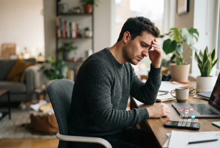 Personne irritée et fatiguée devant son smartphone, illustrant l'irritabilité sans raison apparente.