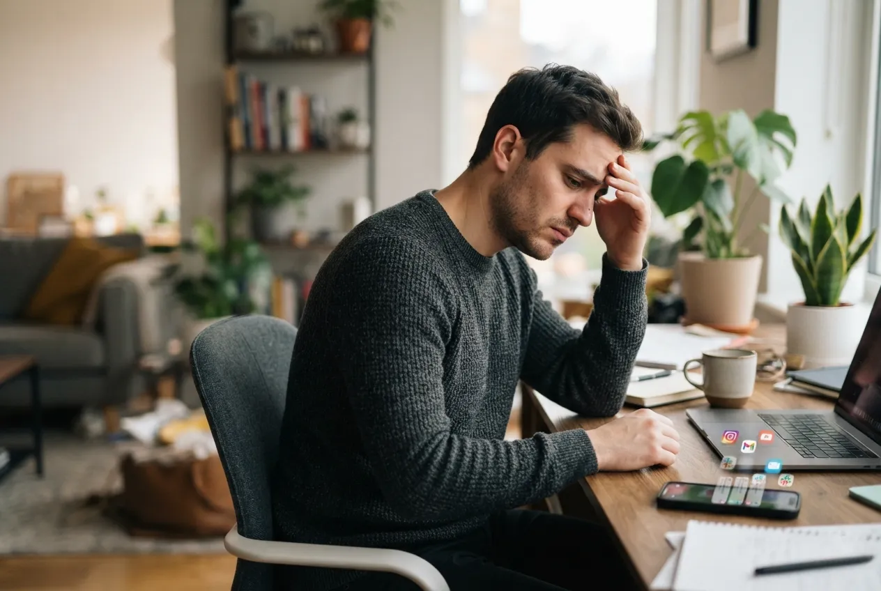 Personne irritée et fatiguée devant son smartphone, illustrant l'irritabilité sans raison apparente.